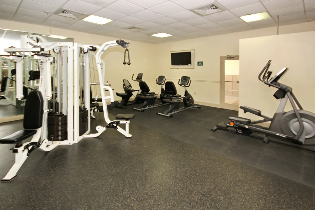 An energizing gym interior with a weight machine, exercise bikes, and ellipticals arranged for efficient workouts. The space is bright, organized, and conducive to maintaining fitness routines.
